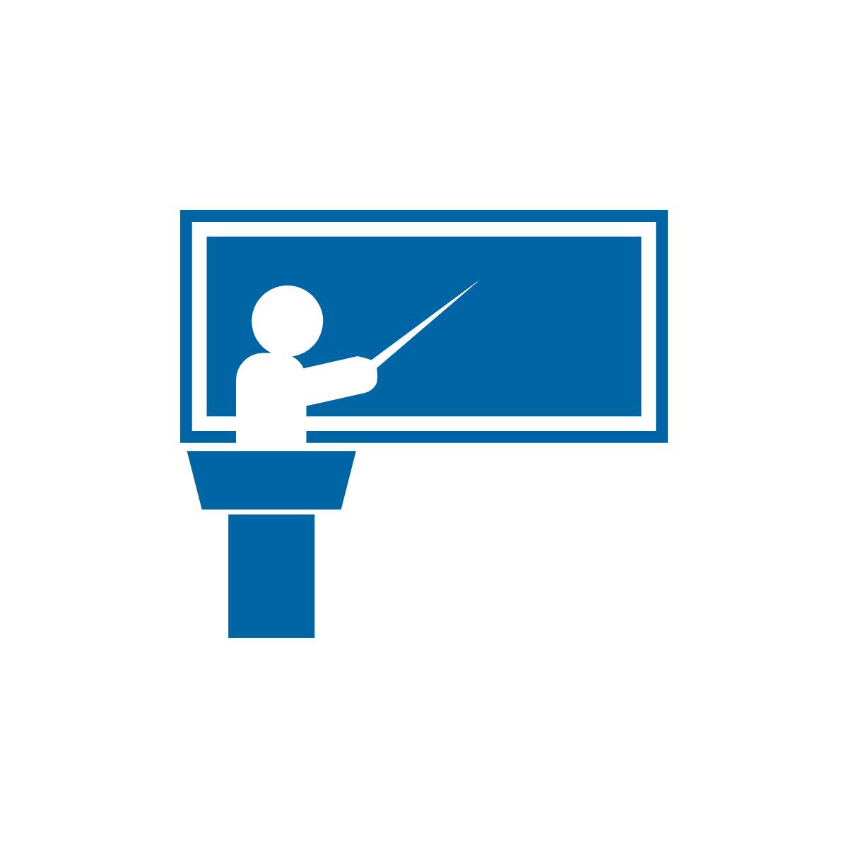 Stick figure person standing at a podium and pointing to a presentation screen--image represents the act of teaching.